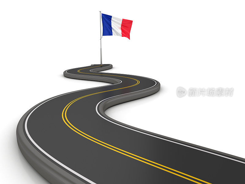 蜿蜒道路上的法国国旗- 3D渲染
